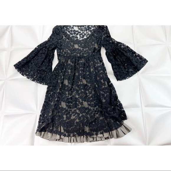 Rebecca Taylor Sz 2 Black Lace V Neck Bell Sleeve Exposed Pleated Slip xs Dress - Picture 7 of 13